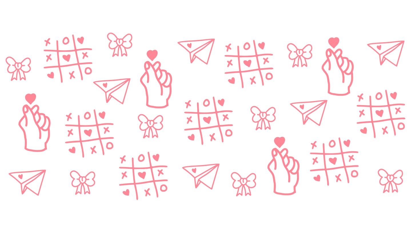 Pattern of red icons including hands, bows, paper airplanes, and checkered designs on a white background.