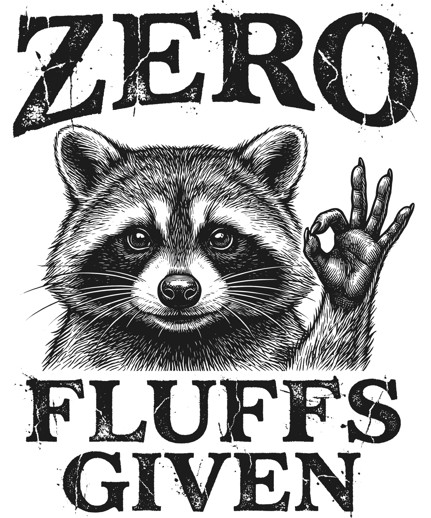 Raccoon illustration with 'ZERO FLUFFS GIVEN' text on a white background