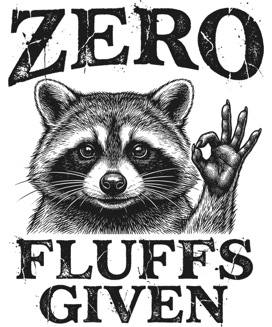 Raccoon illustration with 'ZERO FLUFFS GIVEN' text on a white background