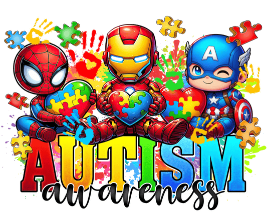 Superhero characters holding hearts with puzzle pieces, surrounded by autism awareness text and colorful designs.