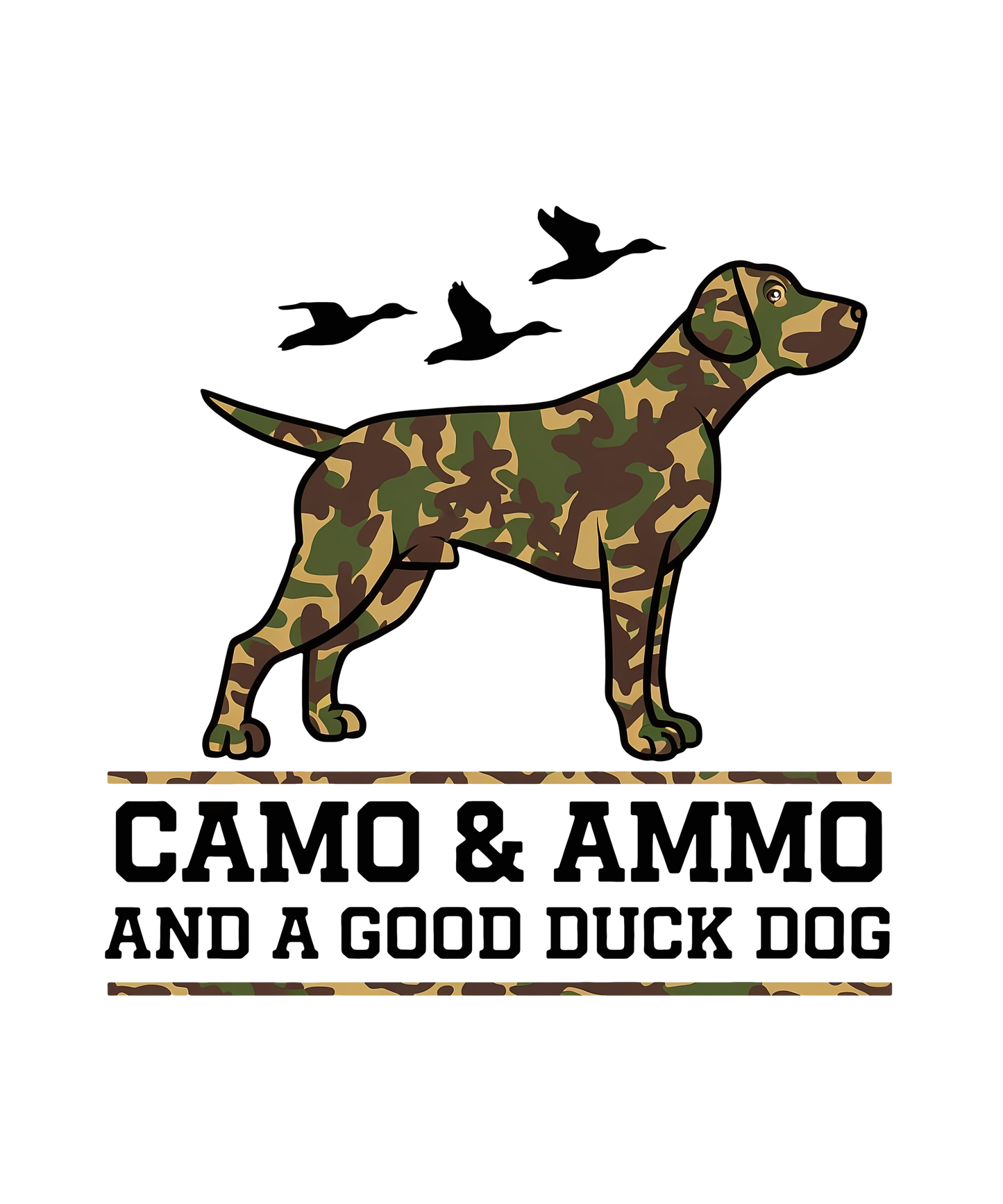 Camouflage dog illustration with text 'Camo & Ammo and a Good Duck Dog' on a white background