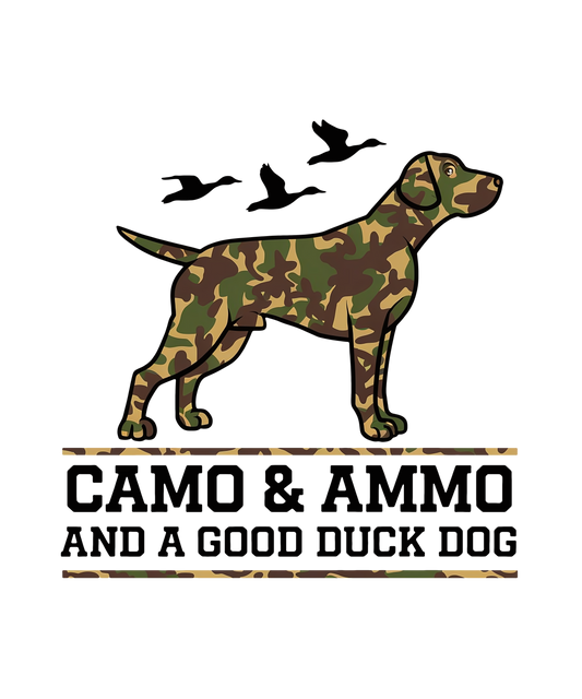 Camouflage dog illustration with text 'Camo & Ammo and a Good Duck Dog' on a white background