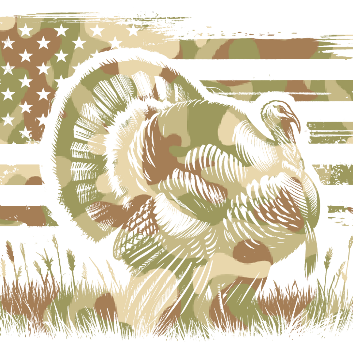 Illustration of a turkey with an American flag and camouflage pattern in the background