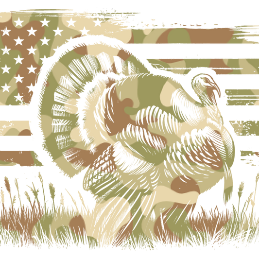 Illustration of a turkey with an American flag and camouflage pattern in the background