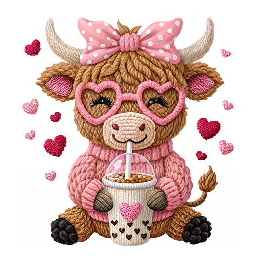 Cute cow plush toy with pink heart glasses, bow, and cup on a white background
