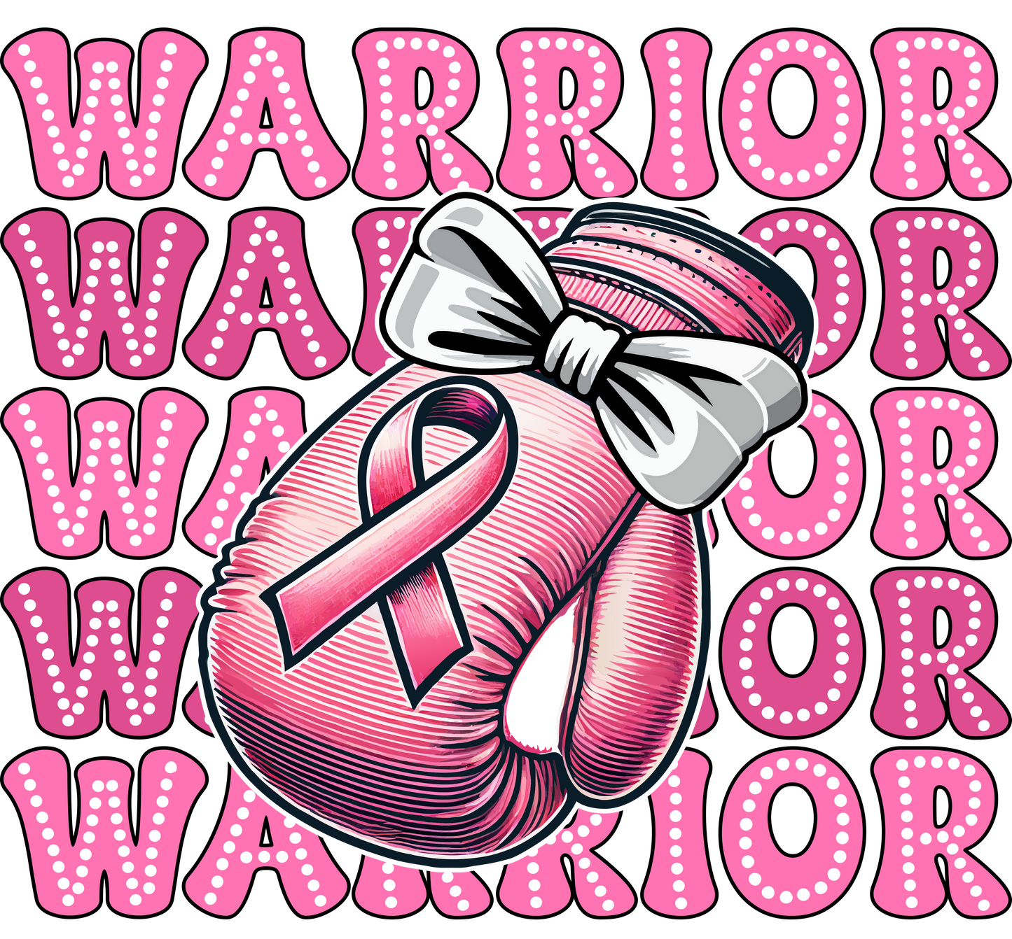 Pink boxing glove with a bow and pink ribbon on a background of the word 'Warrior' repeated.