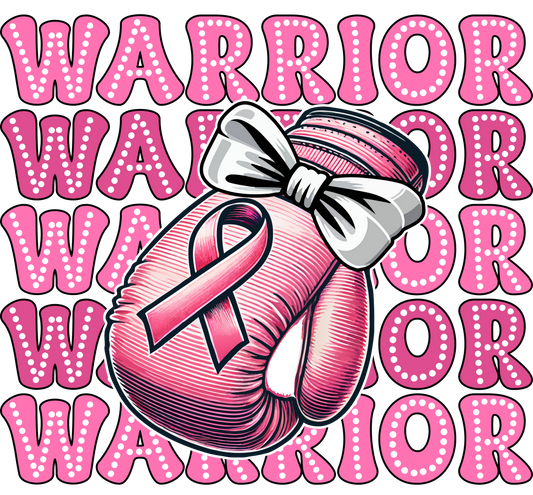 Pink boxing glove with a bow and pink ribbon on a background of the word 'Warrior' repeated.