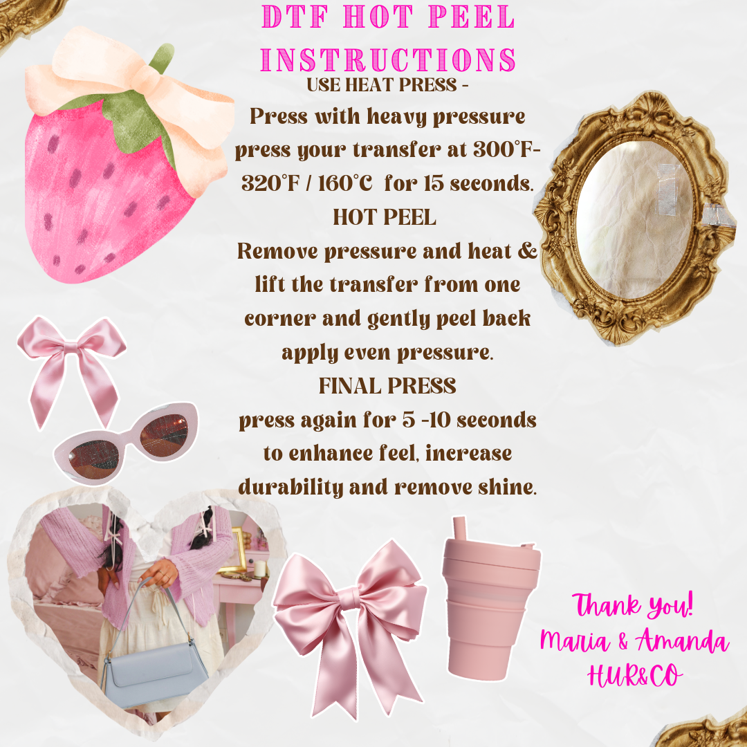 Instructions for DTF hot peel transfer with decorative elements on a white background