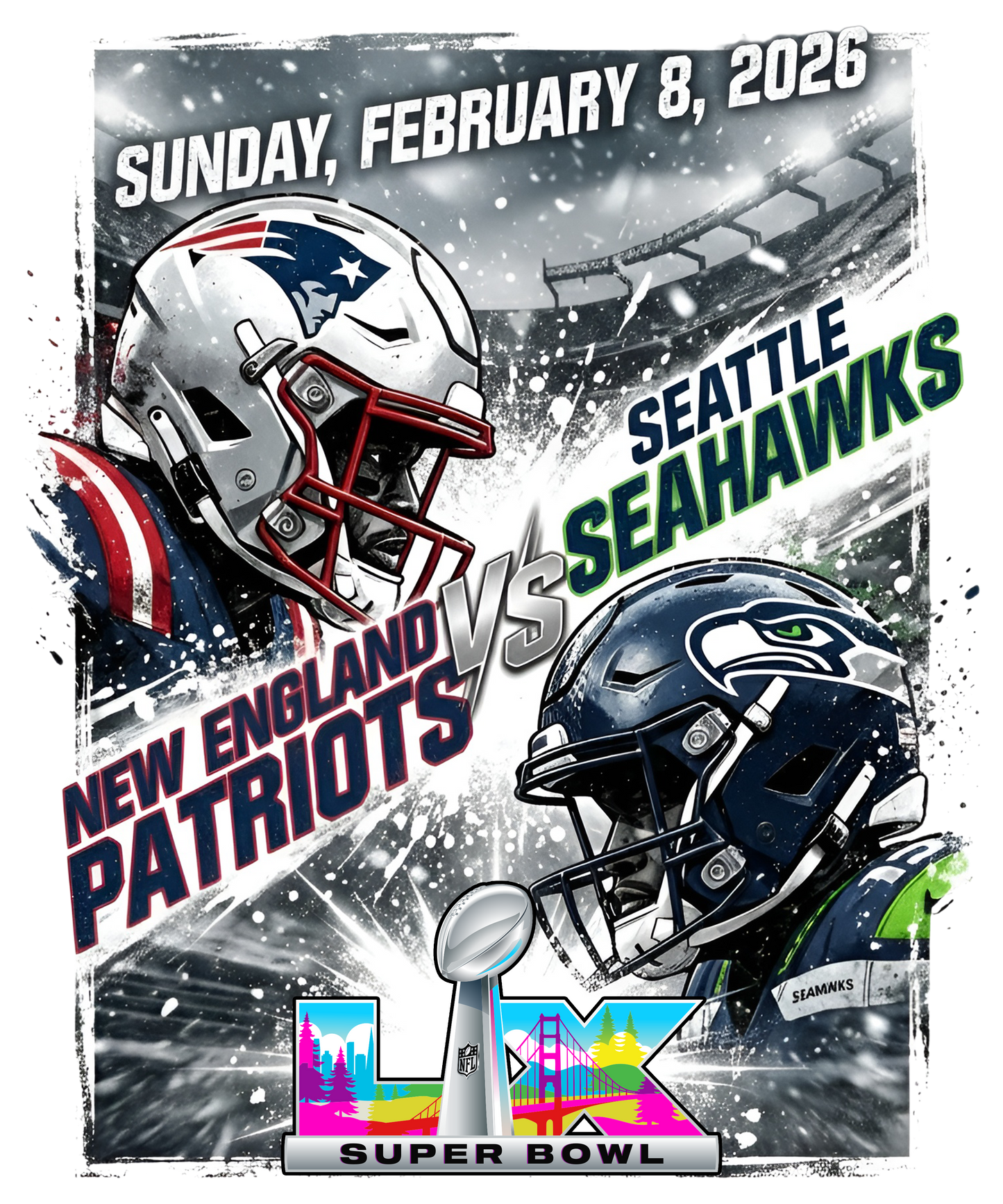 Promotional poster for Super Bowl LIV featuring New England Patriots and Seattle Seahawks helmets.