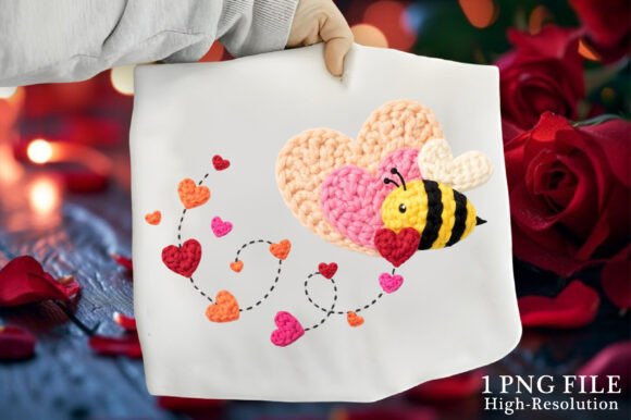 Faux yarn bee with hearts dtf transfer