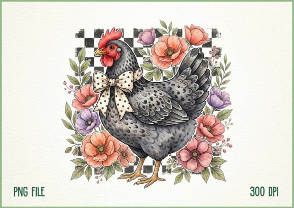 Decorative illustration of a rooster with flowers and a bow tie on a checkered background.
