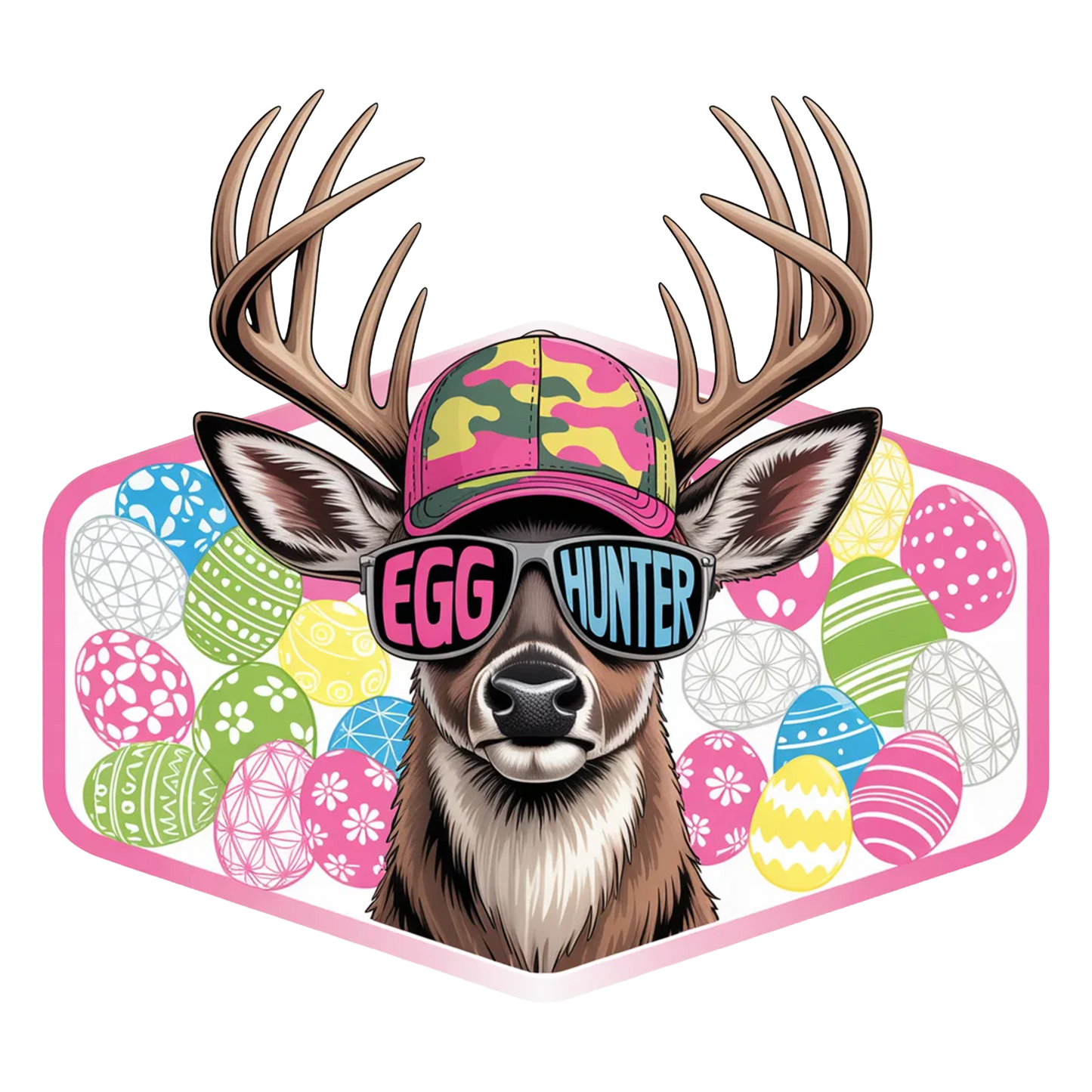 Deer wearing sunglasses and a 'Egg Hunter' cap with Easter eggs in the background