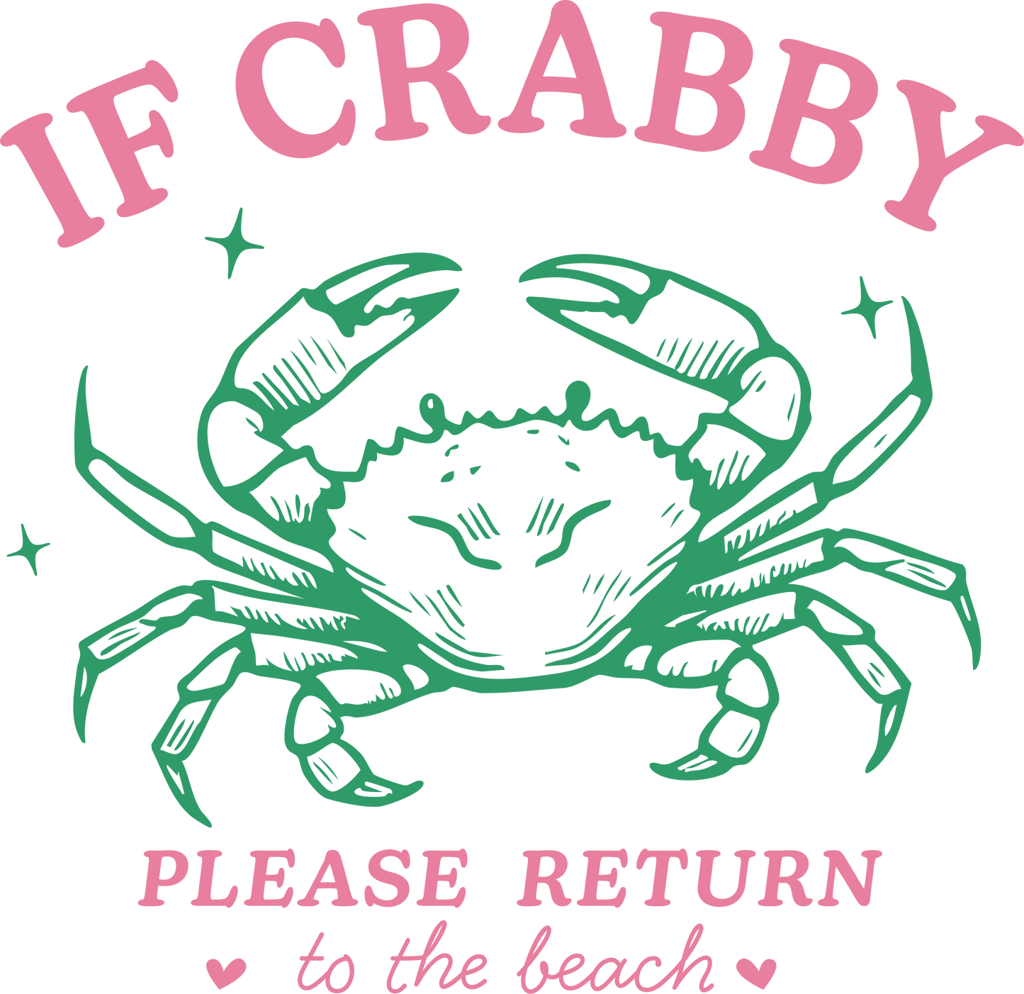 Green crab illustration with pink text 'IF CRABBY PLEASE RETURN to the beach' on a white background