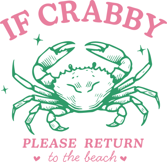 Green crab illustration with pink text 'IF CRABBY PLEASE RETURN to the beach' on a white background