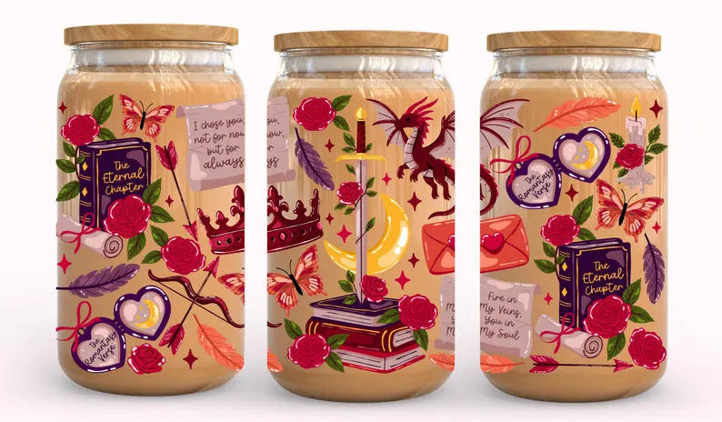 Decorative glass can wrap with 'Eternal Romance Chapter' design on a white background.