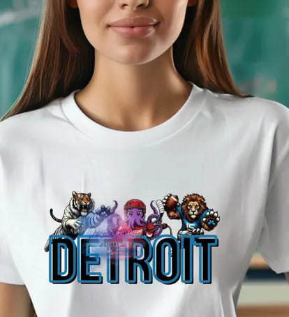 A woman wearing a white short-sleeve t-shirt with a colorful graphic of Detroit-themed cartoon characters and the word 'DETROIT' in blue outlined text. The background shows a blurred classroom setting with a green chalkboard and wooden desks.