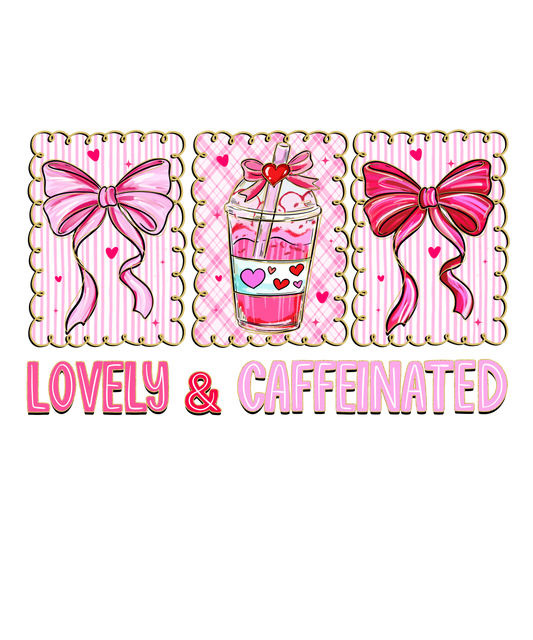 Design with pink drink, bows, and hearts with 'Lovely & Caffeinated' text on a white background