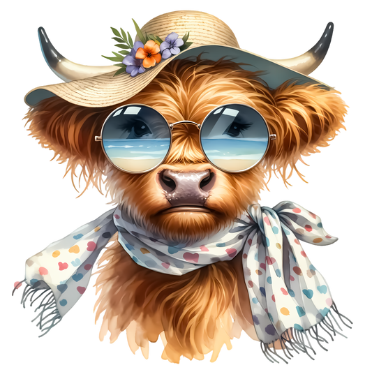 sunglasses and hat highland cow dtf transfer