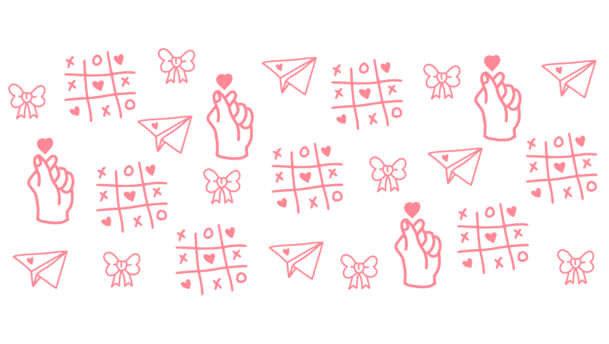 Pattern of red icons including hands, bows, paper airplanes, and checkered designs on a white background.