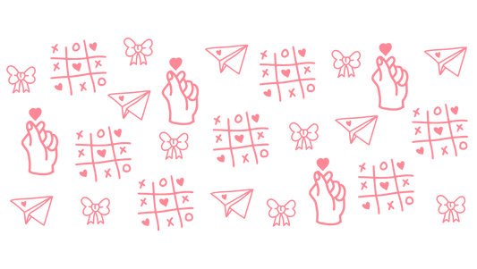 Pattern of red icons including hands, bows, paper airplanes, and checkered designs on a white background.