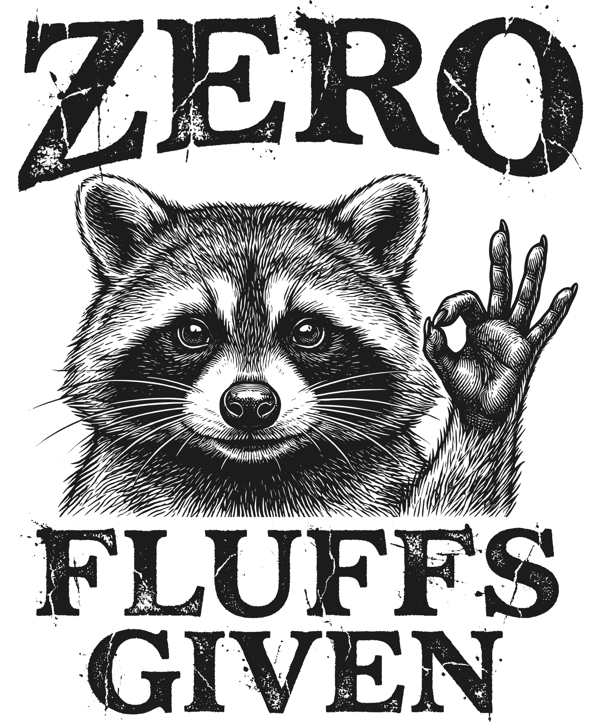 Raccoon illustration with 'ZERO FLUFFS GIVEN' text on a white background