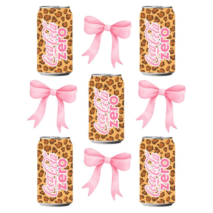 Coca-Cola Zero cans with leopard print and pink bows on a white background