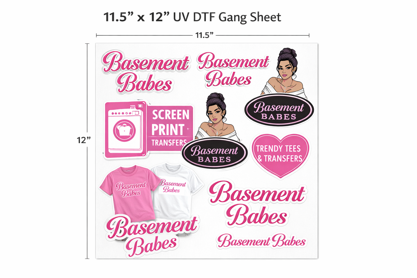 Product packaging for 'Basement Babes' screen print transfers with branding elements.