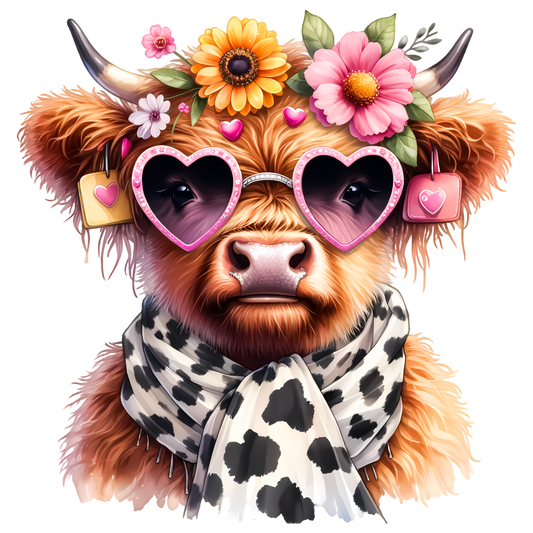 heart glasses highland cow dtf transfer