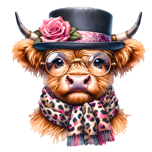 hat flowers highland cow dtf transfer