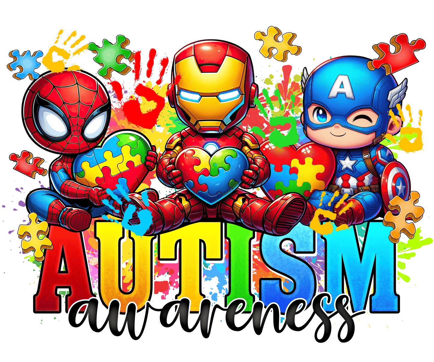 Superhero characters holding hearts with puzzle pieces, surrounded by autism awareness text and colorful designs.