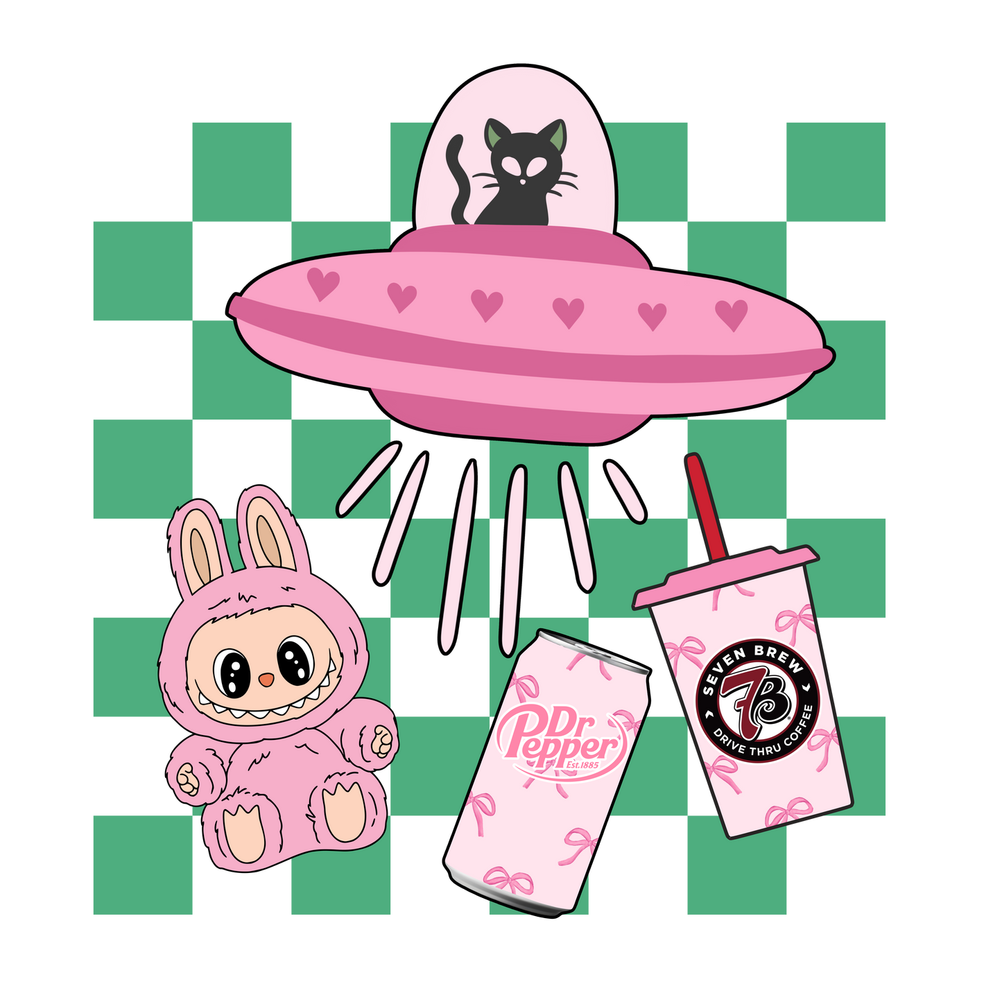 Cartoon-style pink alien, cat, and Dr Pepper drinks on a green and white checkered background