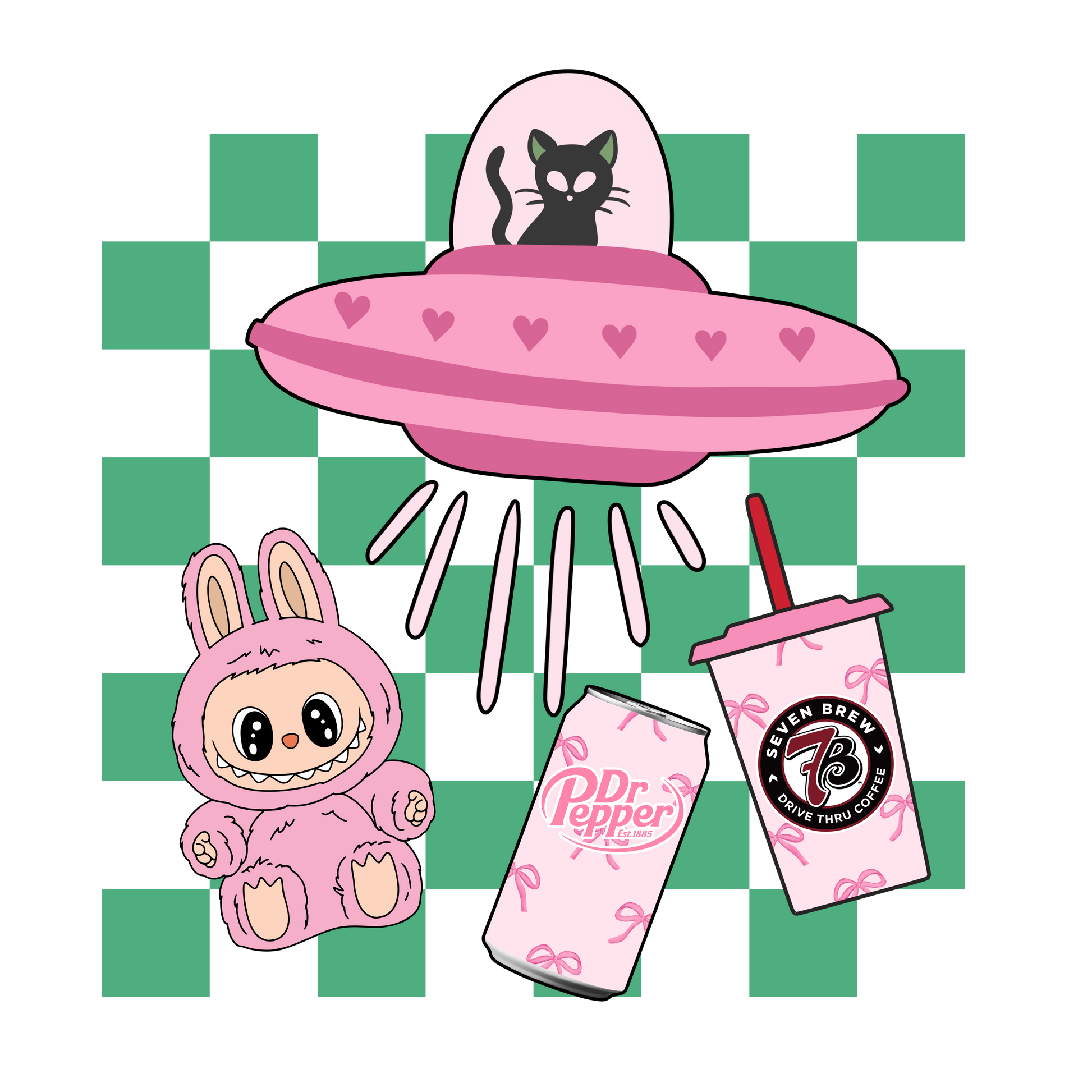Cartoon-style pink alien, cat, and Dr Pepper drinks on a green and white checkered background