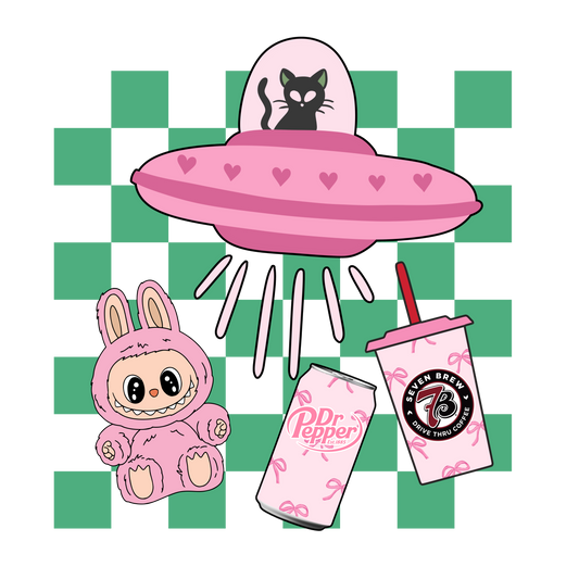 Cartoon-style pink alien, cat, and Dr Pepper drinks on a green and white checkered background