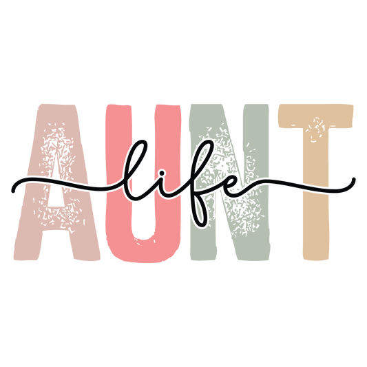 Colorful text spelling 'AUNT life' on a white background