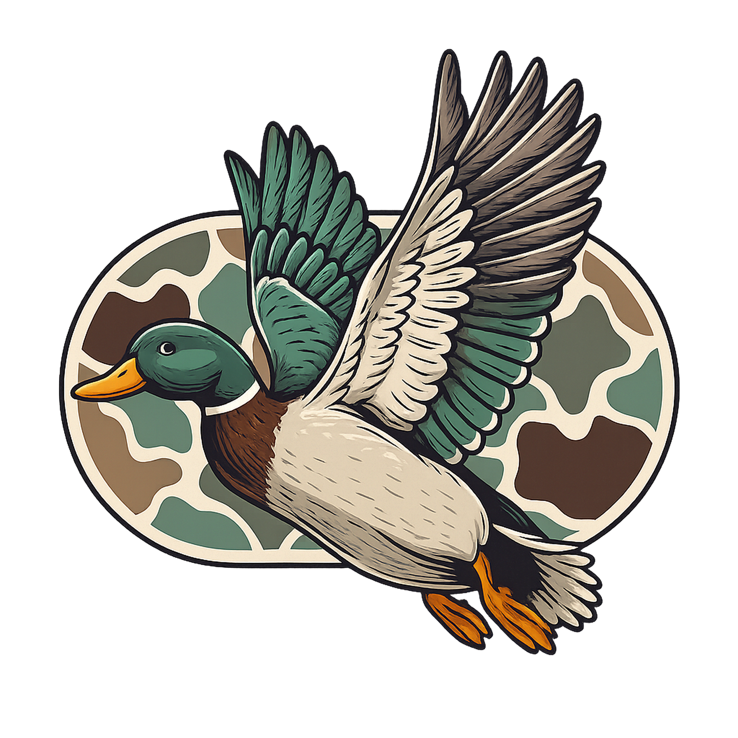 Illustration of a duck with wings spread on a camouflage background