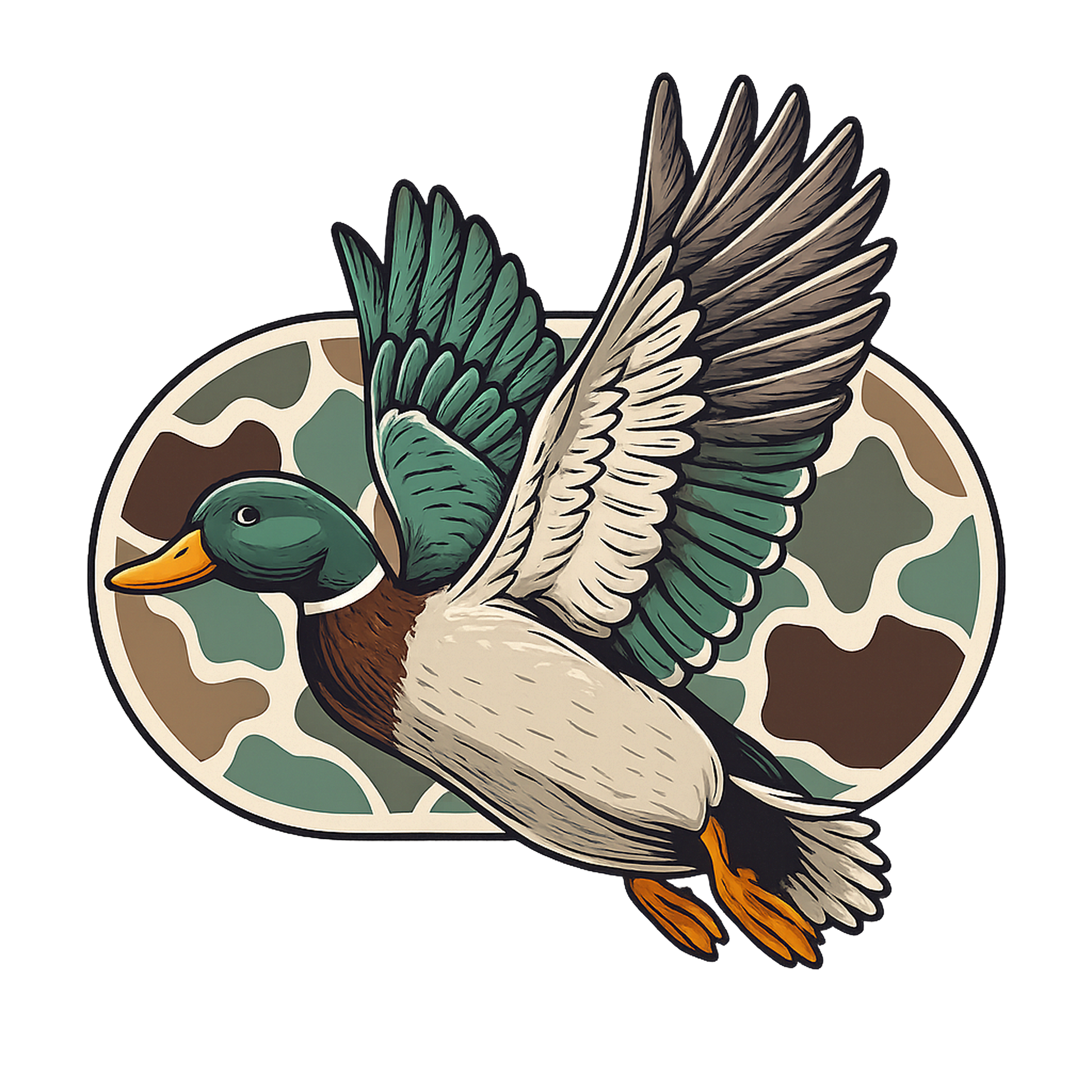Illustration of a duck with wings spread on a camouflage background