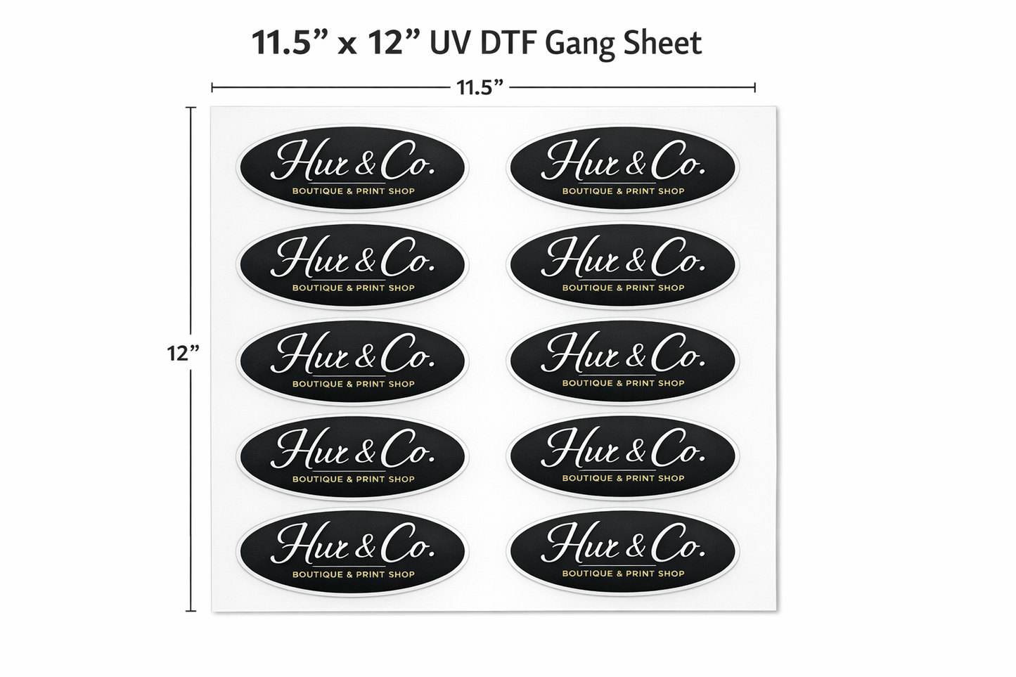 Sheet of 'Hue & Co.' labels with dimensions indicated