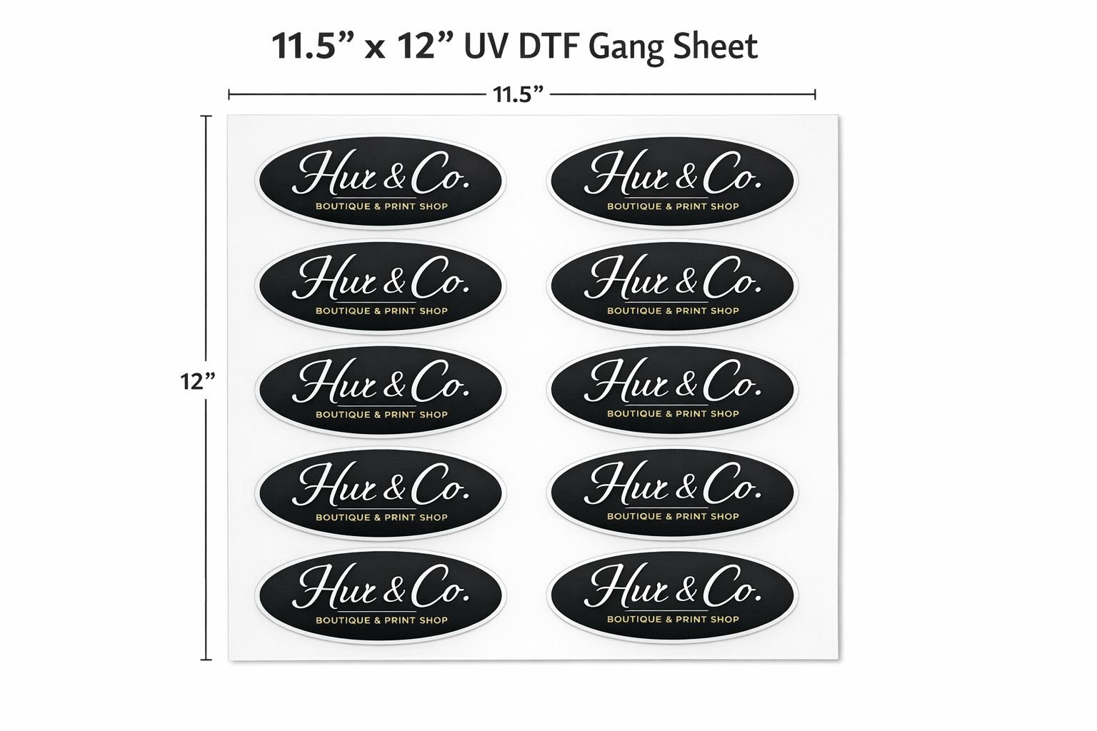 Sheet of 'Hue & Co.' labels with dimensions indicated