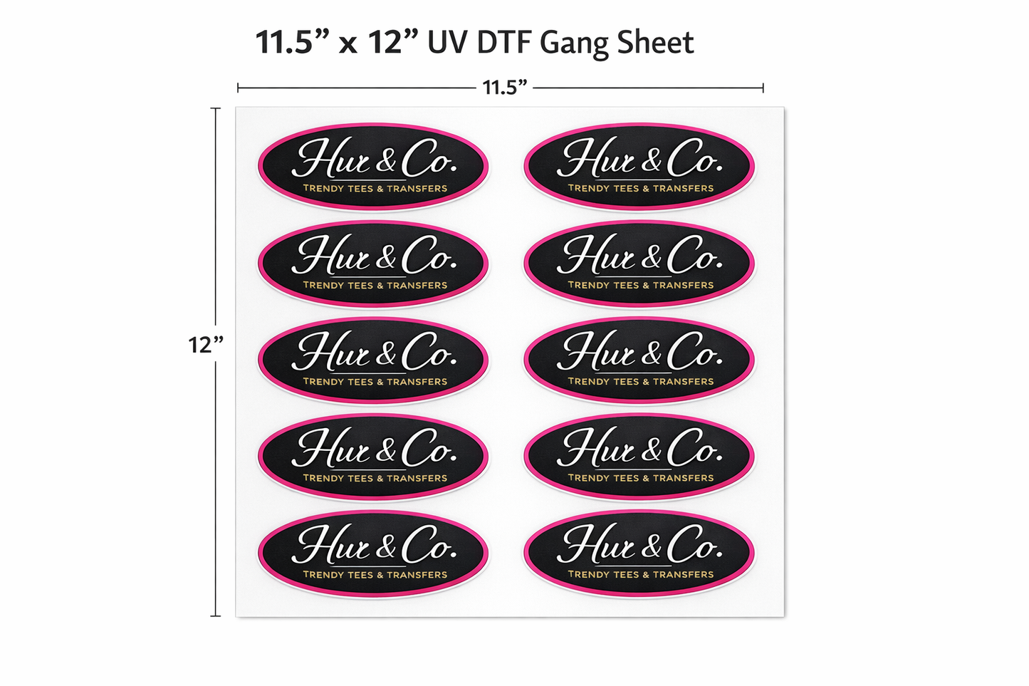 Sheet of 'Hue & Co.' labels with dimensions 11.5" x 12" UV DTF.
