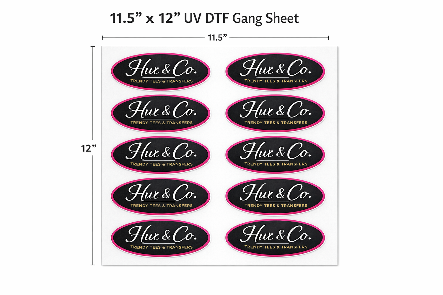 Sheet of 'Hue & Co.' labels with dimensions 11.5" x 12" UV DTF.