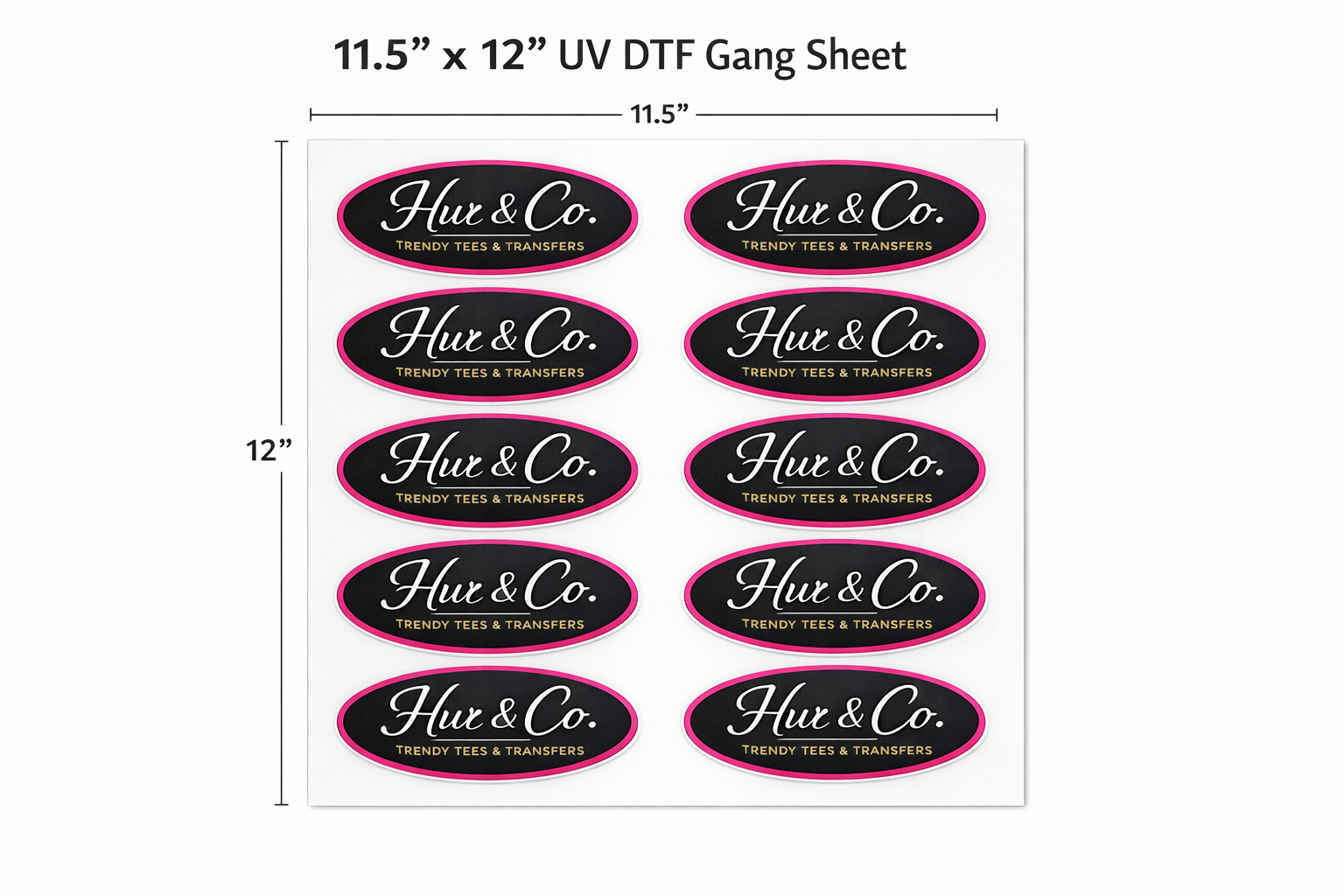 Sheet of 'Hue & Co.' labels with dimensions 11.5" x 12" UV DTF.