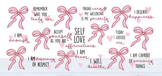 Libbey glass can wrap with pink bows and self-love affirmations on a white background