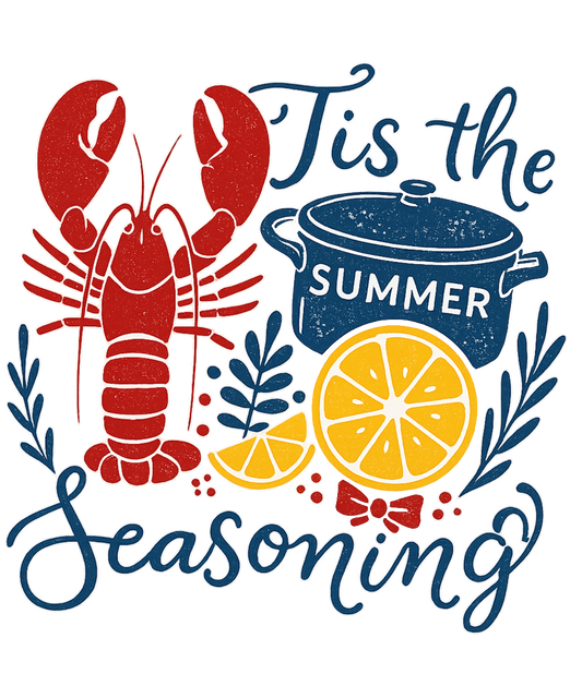 Illustration with a lobster, pot labeled 'SUMMER', lemons, and text 'Tis the Summer Seasoning' on a white background.
