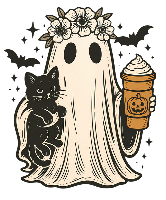 Halloween Ghost Cat & Coffee