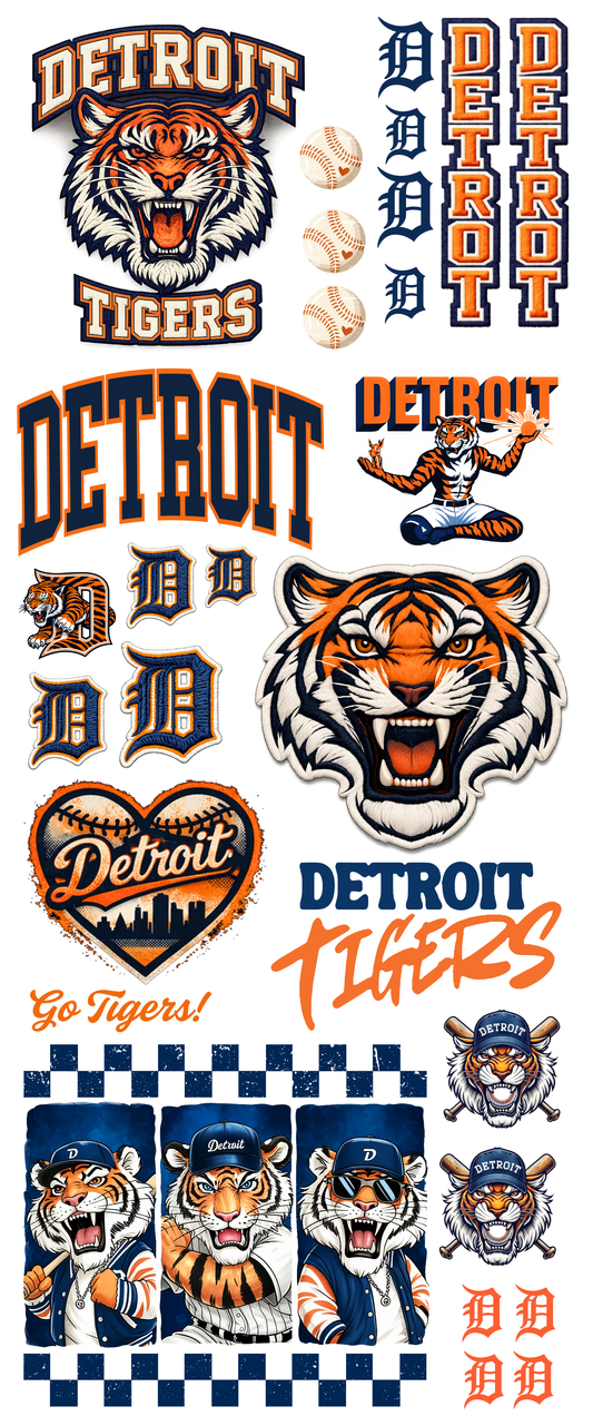 Collection of Detroit Tigers logos and graphics on a white background