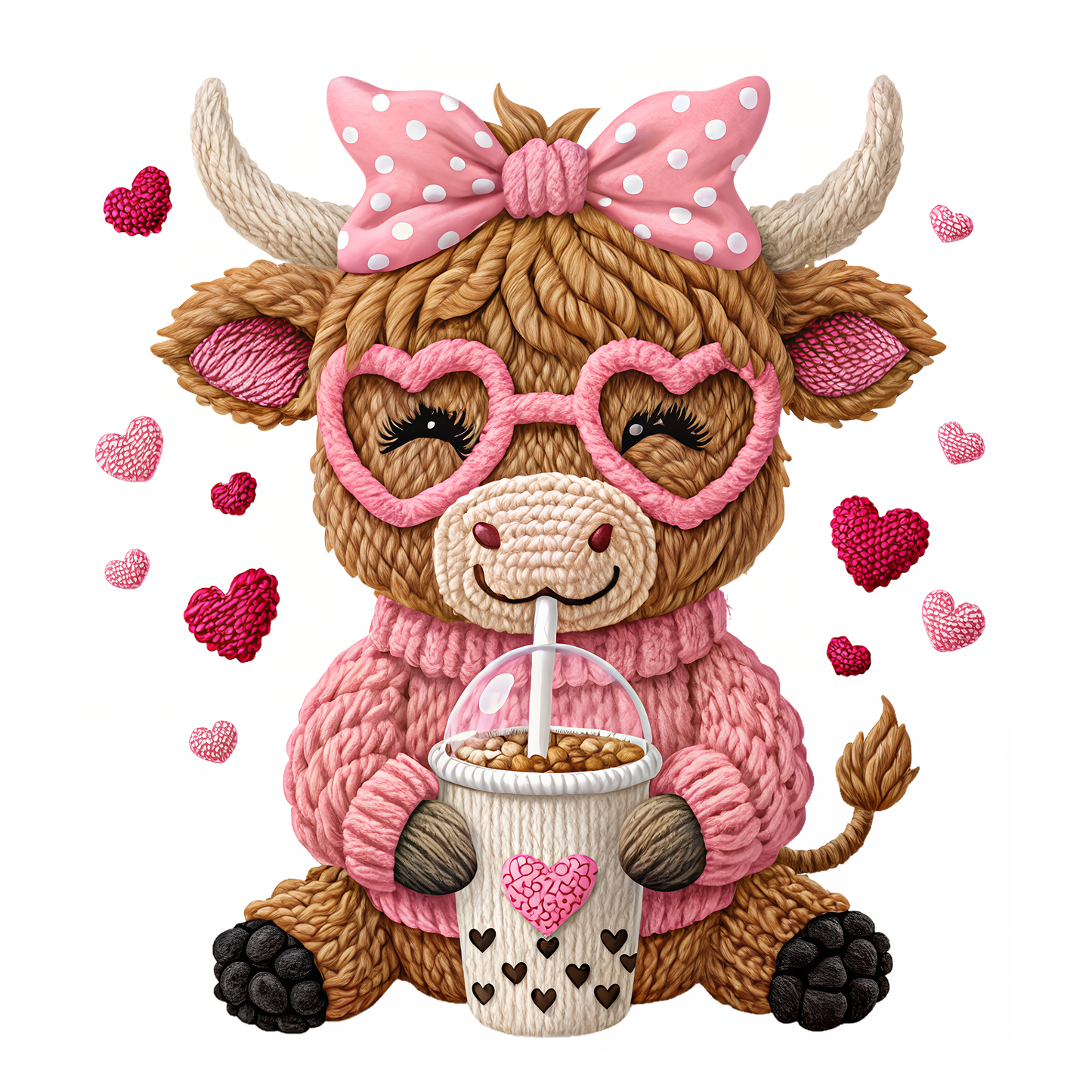 Cute cow plush toy with pink heart glasses, bow, and cup on a white background