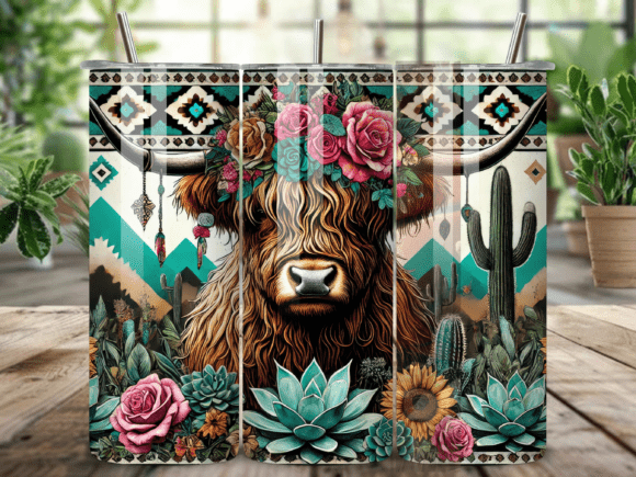 Floral Boho Longhorn 20 oz uv dtf transfer