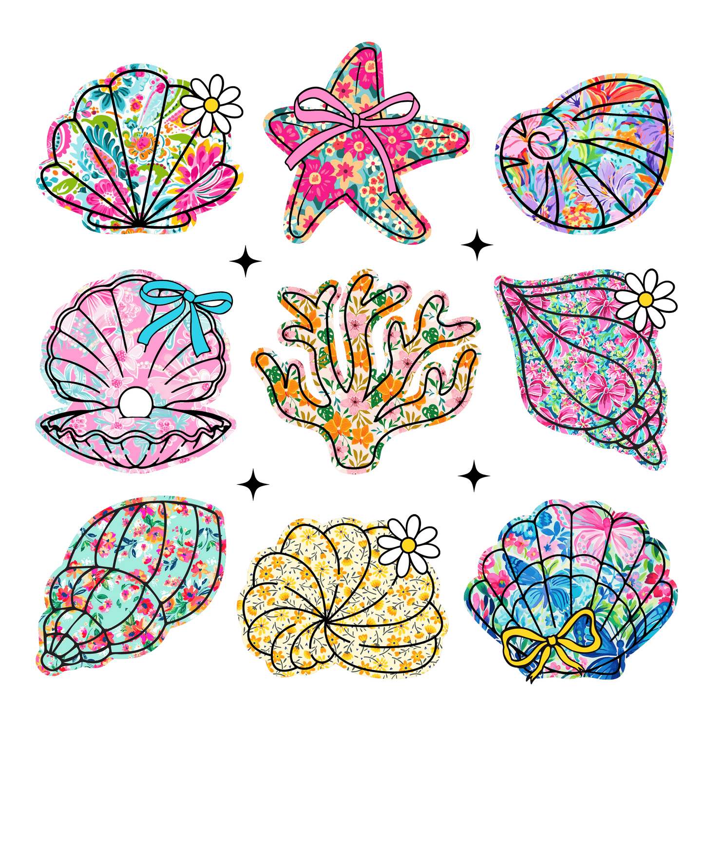 Colorful sea-themed stickers including shells, a starfish, and coral on a green background.