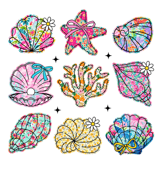 Colorful sea-themed stickers including shells, a starfish, and coral on a green background.