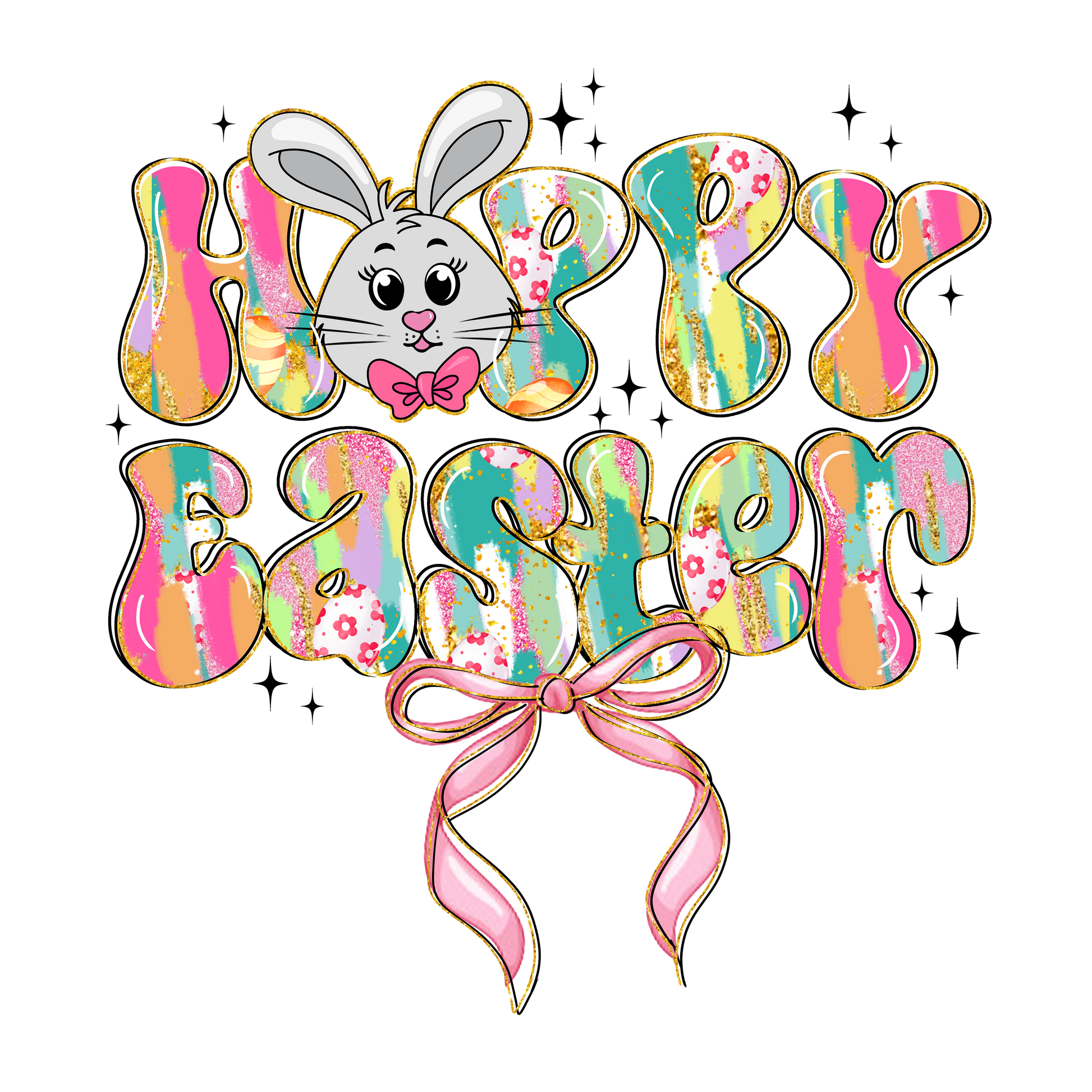 Colorful 'Happy Easter' text with a cartoon bunny and pink bow on a white background